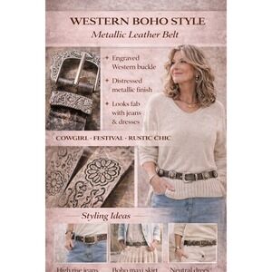 Western Boho Metallic Leather Belt Distressed Floral Engraved Buckle Silver Tone